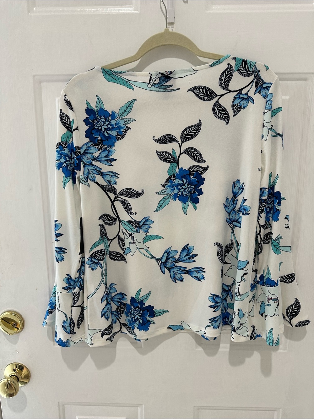 Women’s White Floral Long-Sleeve Blouse with Blue Print